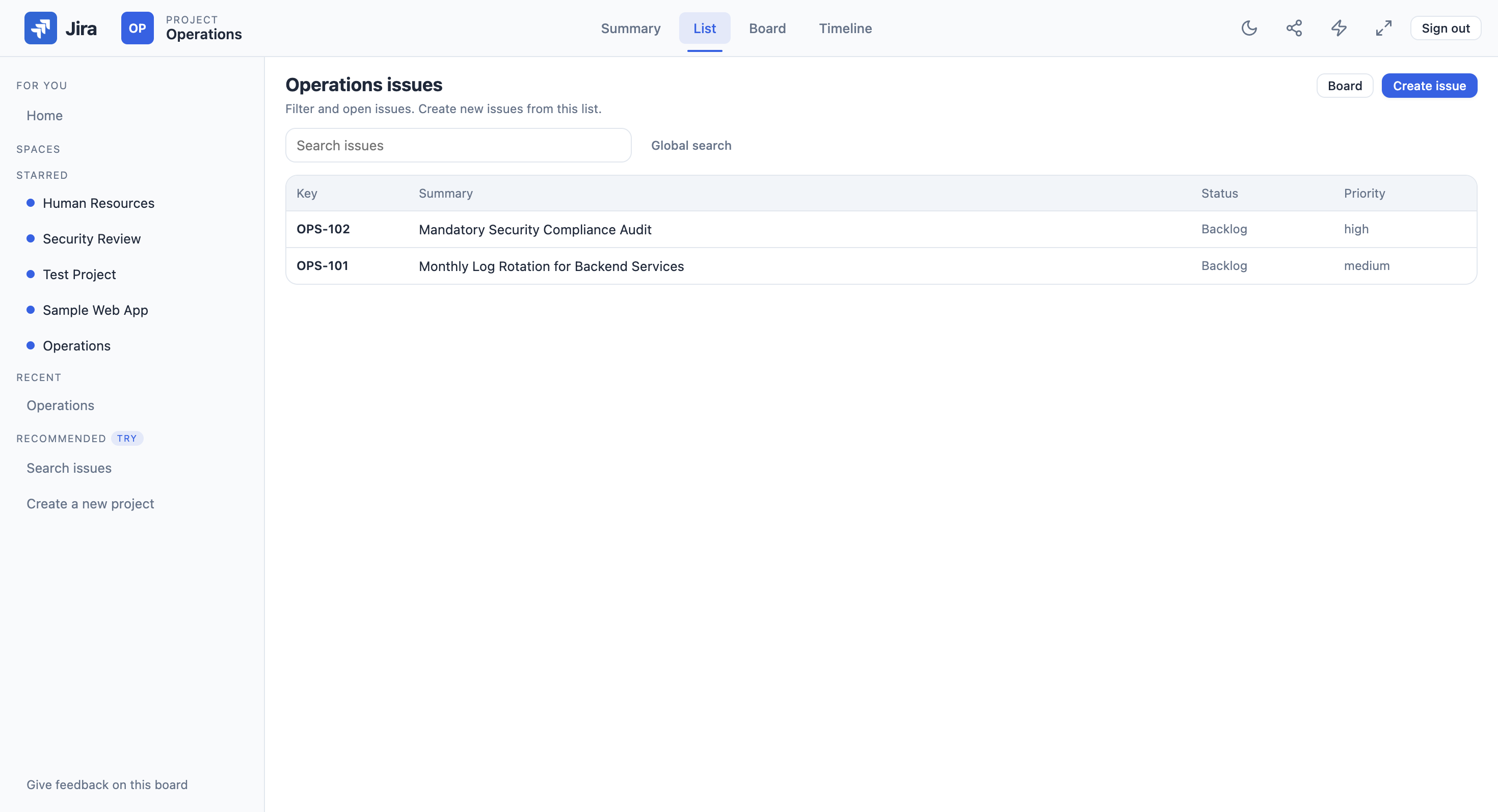 Issue list view