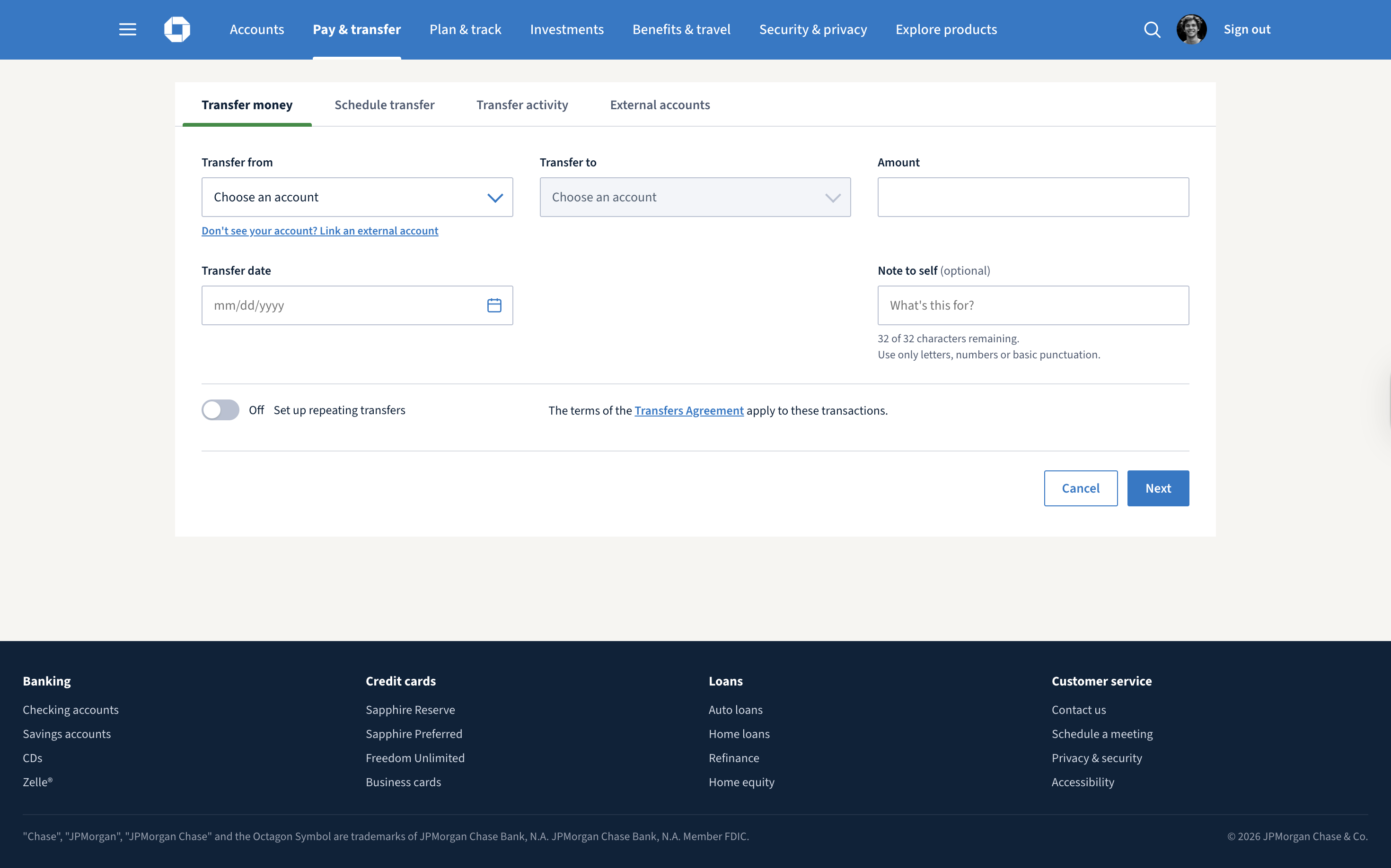 Pay & transfer page