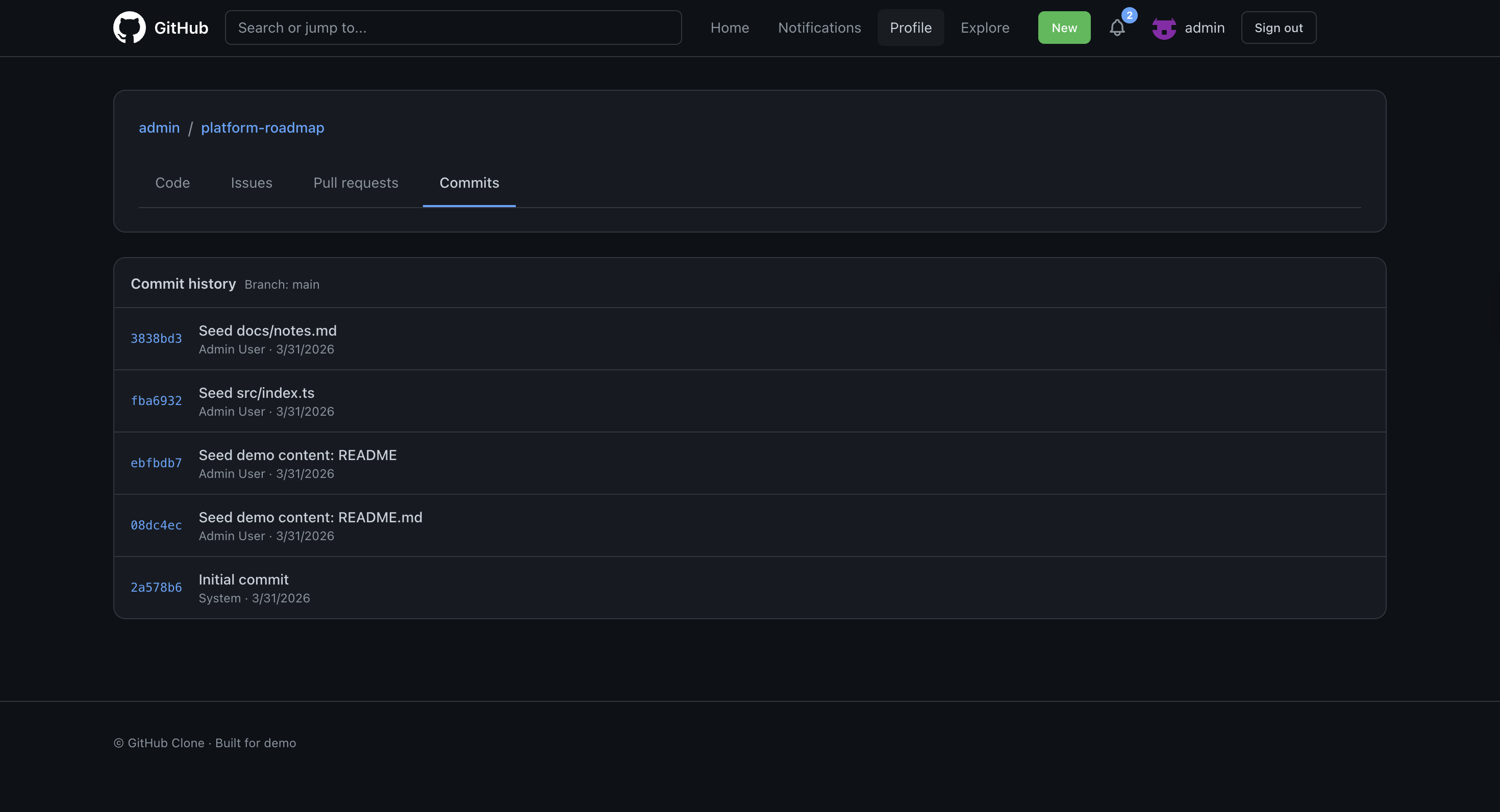 Commits page