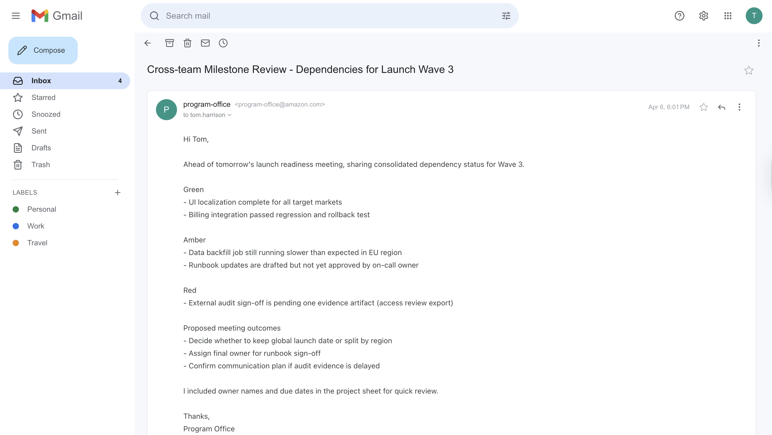 Email detail view