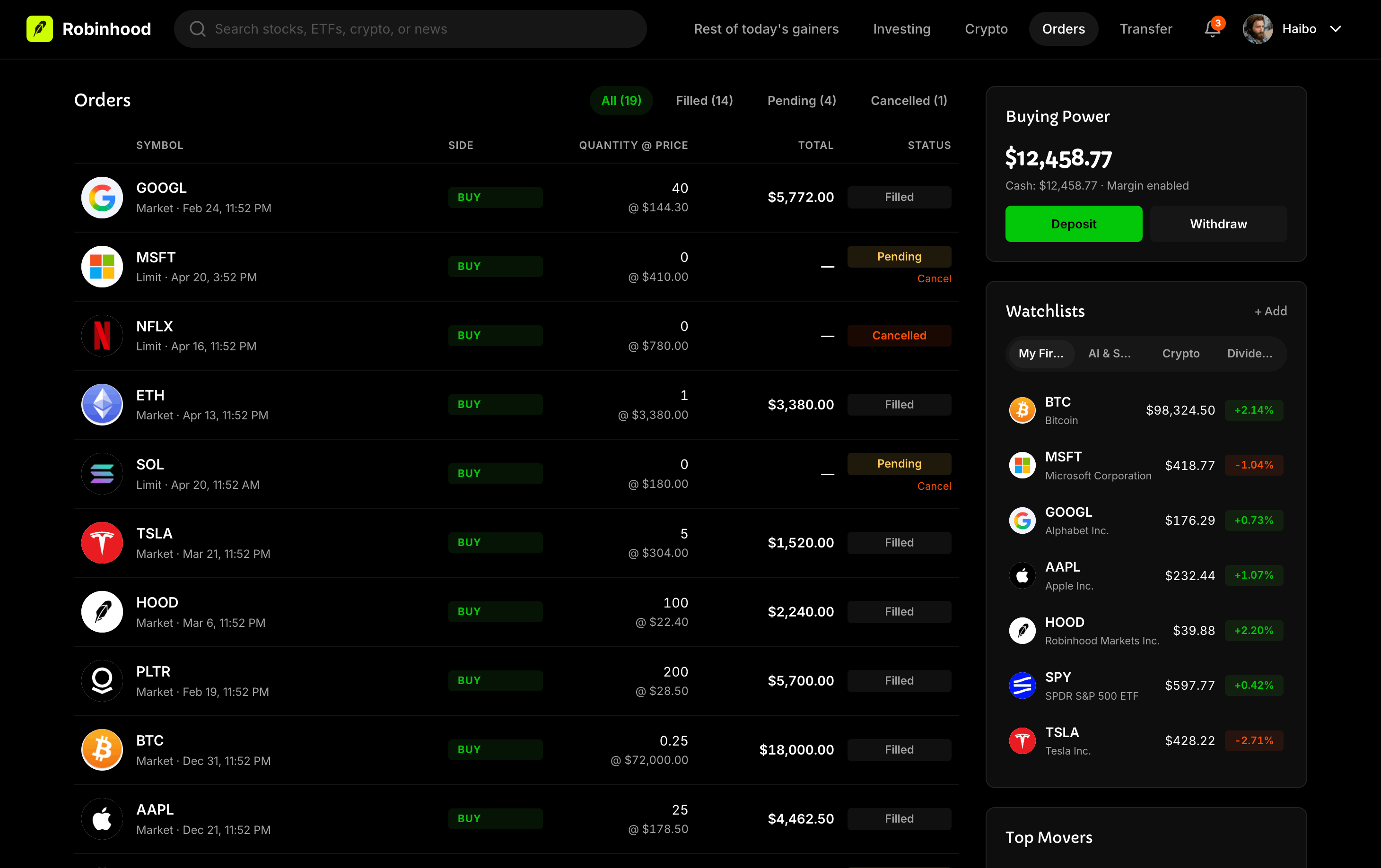 Orders page